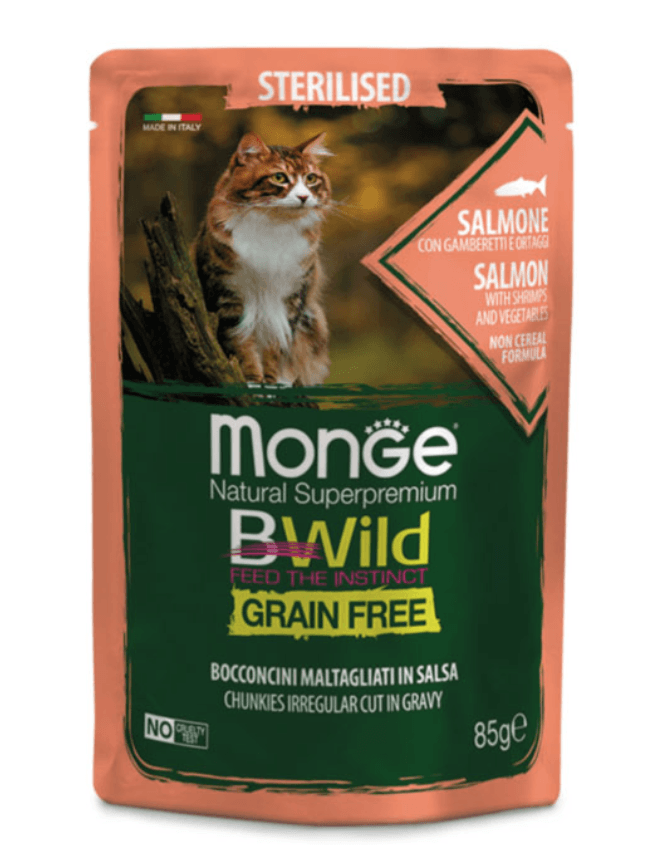 Monge BWild Cat Esterilizado Salmón con Gambas y verduras 85gr